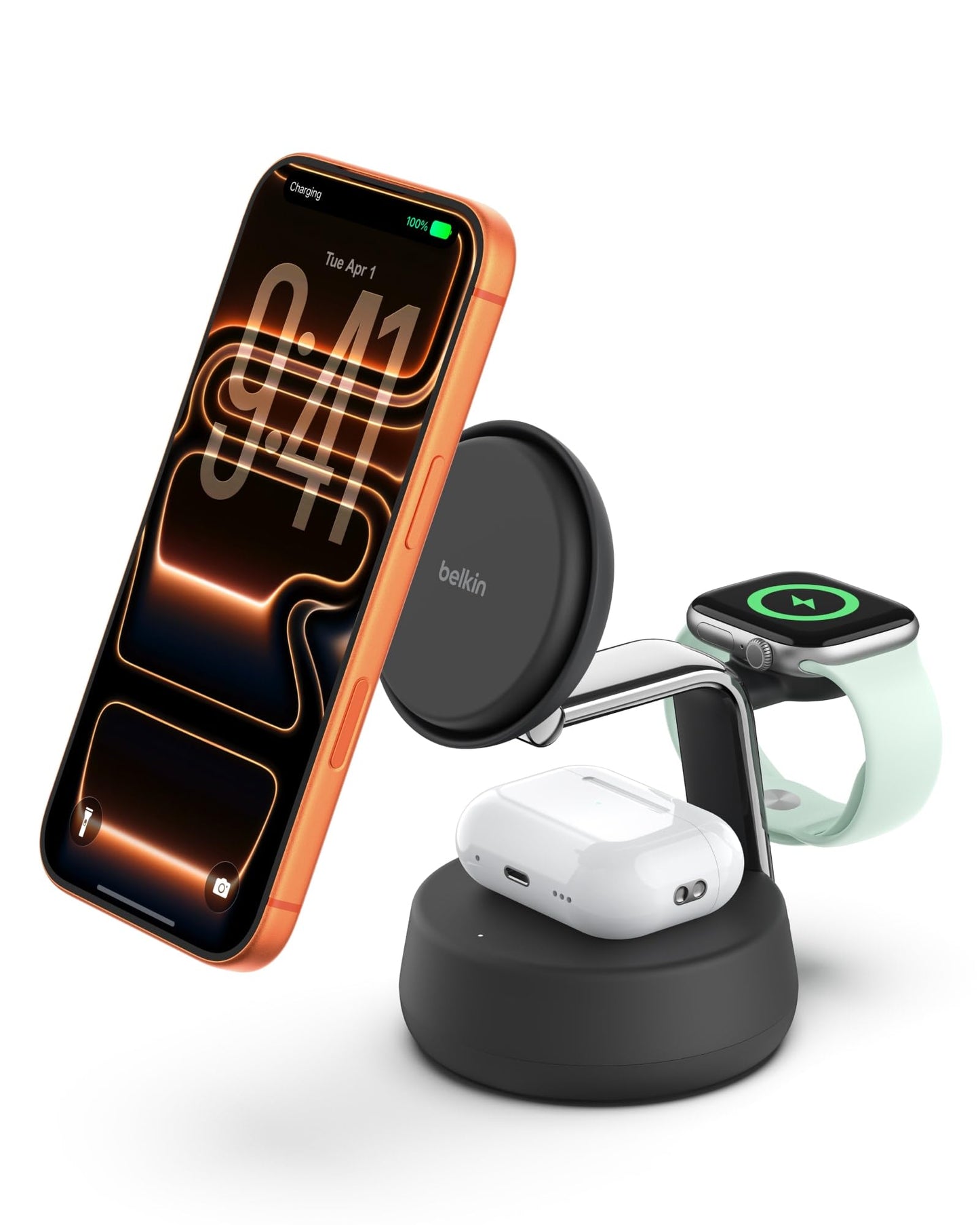 Belkin MagSafe Charger Compatible, 3-in-1 Charging Station, Qi2.2 25W w/Cooling Fan (On/Off Control) Magnetic Wireless Charger for iPhone 17, Apple Watch, AirPods, Pixel 10 (45W Adapter Included)