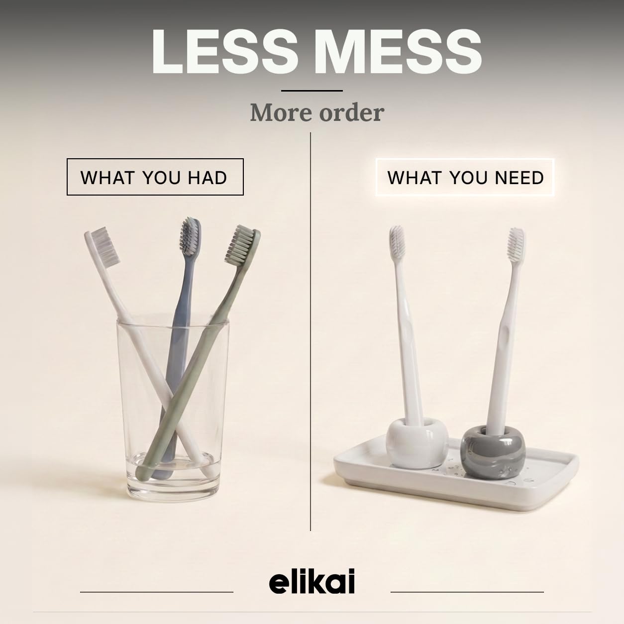 ELIKAI Ceramic Toothbrush Holders with Bathroom Tray, Countertop Organizer for Toothbrushes and Accessories, Hygienic Individual Holder Set (Grey & White, 2 Holders)