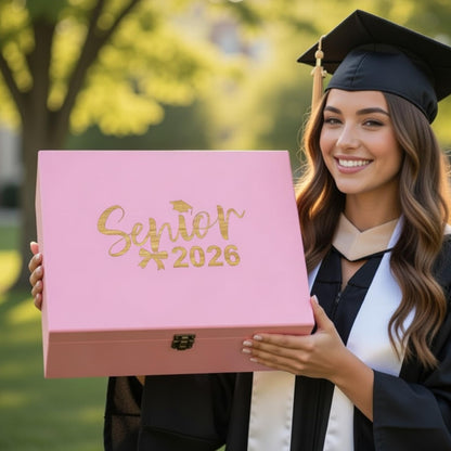 Leinuosen Large Graduation Keepsake Box 13'' Senior 2026 Graduation Cap Gown Box Class of 2026 Graduate Wooden Engraving Case for College High School(Pink,Senior 2026 Bow)