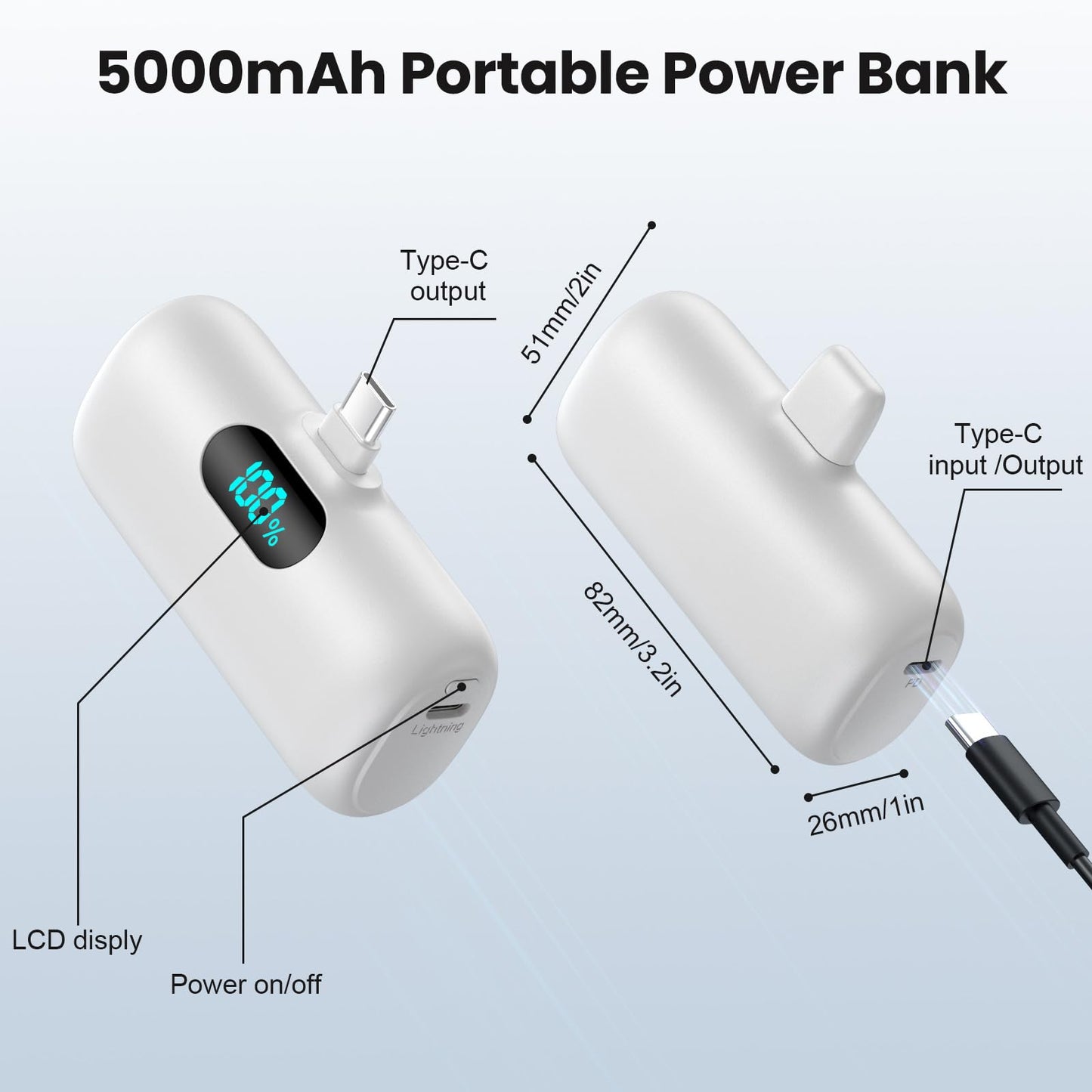Mini Portable Charger USB C Power Bank,Upgraded 5000mAh PD Fast Charging Battery Pack Built-in USB-C Connector,LCD Display,Compatible with iPhone16,16 Plus,16Pro/Max/15,iPad Pro/Air,Android Phone etc