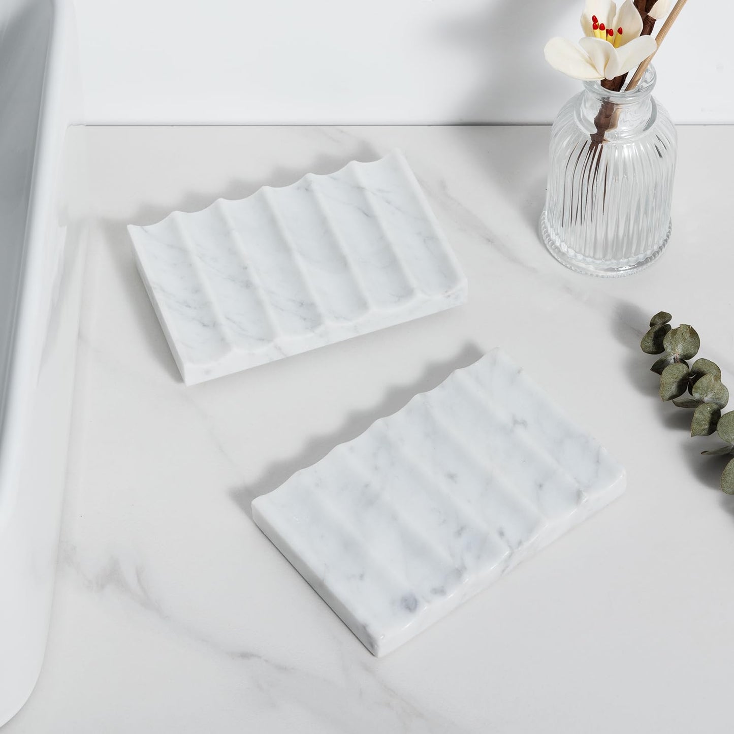 Carrara Marble Soap Dish - Self Draining Holder Keeps Soap Dry, Rectangular Tray for Shower, Bathroom & Jewelry Display (White)