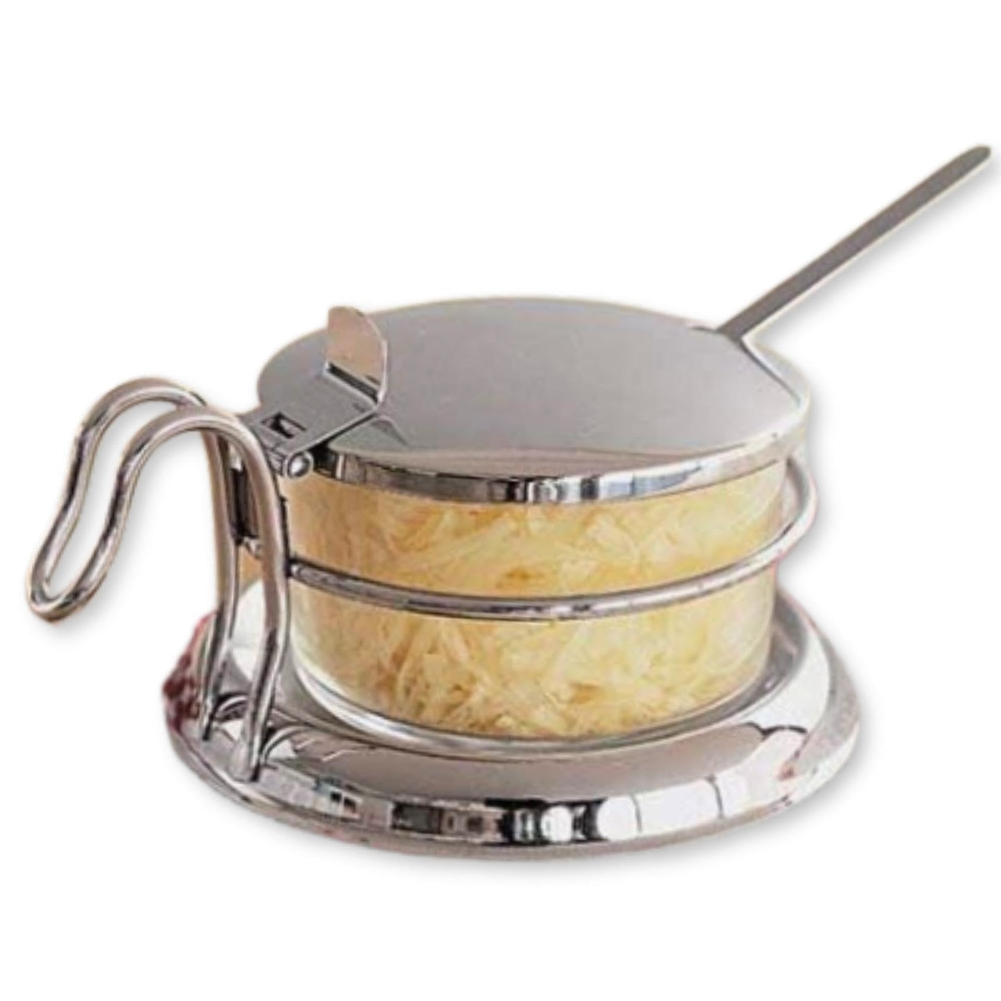 TableCraft 357 Condiment Jar Set with Spoon, 6 oz Clear Glass Jar with 18-8 Stainless Steel Lid, Spoon and Holder, Polished Tabletop Dispenser for Home or Restaurant Use