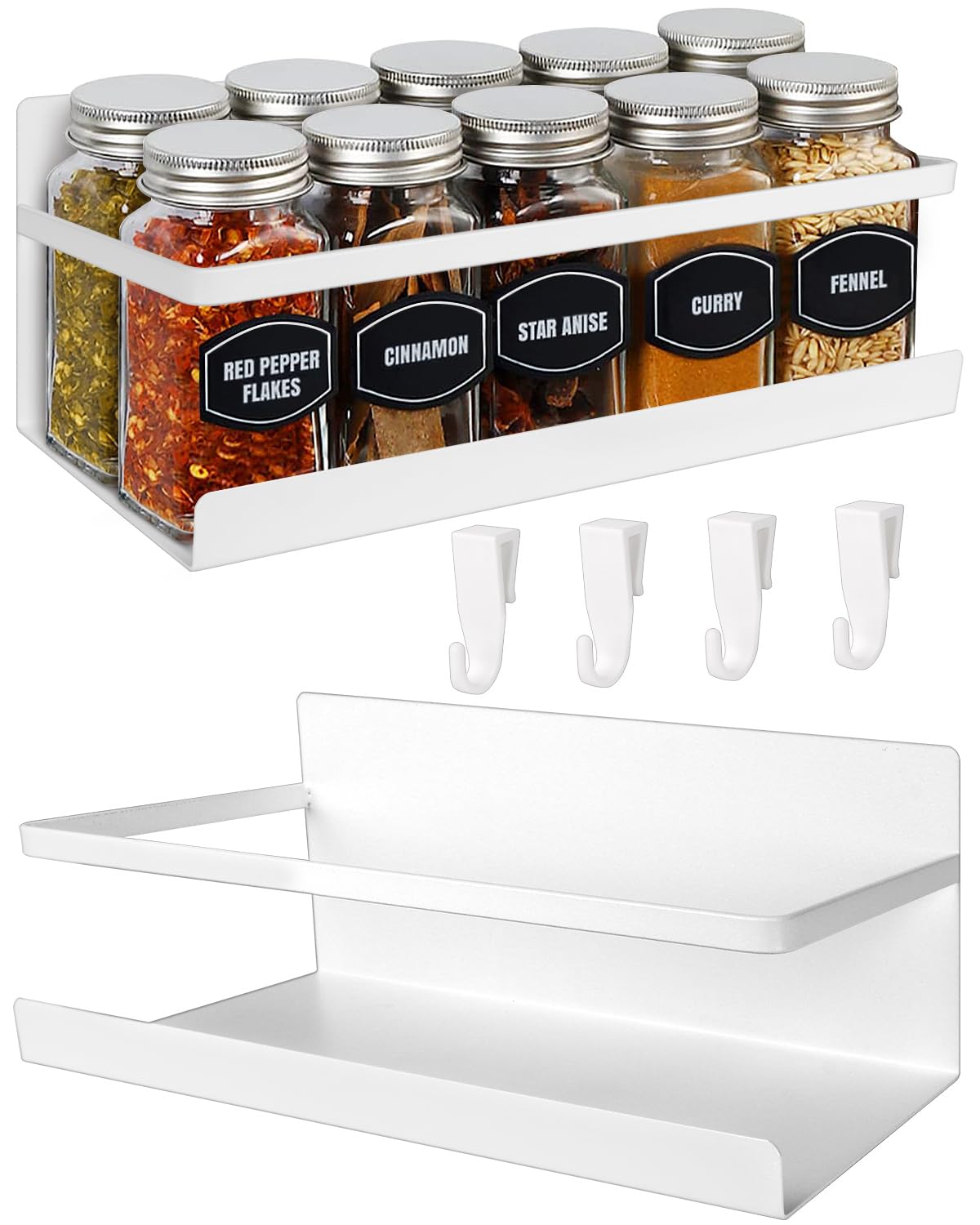 Magnetic Spice Rack for Refrigerator, 2 Pack Magnetic Shelf Fridge Organizer for Spice Jars, Magnet Shelves Seasoning Spice Holder with 4 Hooks for Kitchen White Board Pantry Organizers and Storage