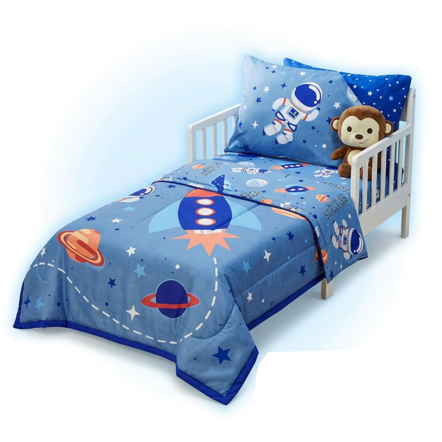 EVERYDAY KIDS 4 Piece Toddler Bedding Set - Outer Space Adventures - Includes Comforter, Flat Sheet, Fitted Sheet and Reversible Pillowcase