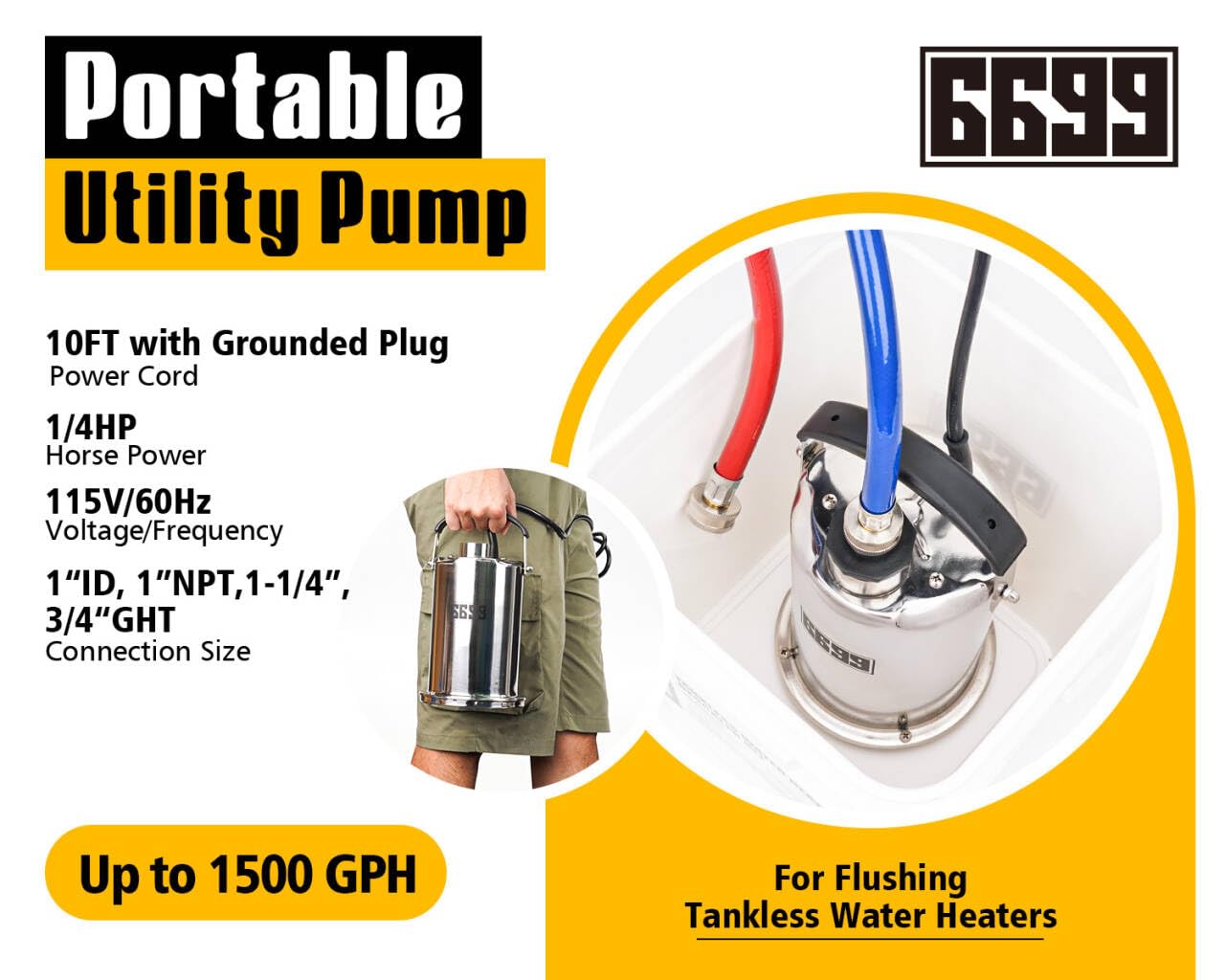 6699 Tankless Water Heater Flushing Kit Includes 1/4HP Stainless Steel Sump Pump with Two Adapters & 3 Gallons Pail with Bucket Lid Opener & Two 1/2” Dia X 6’ Hoses with Washers