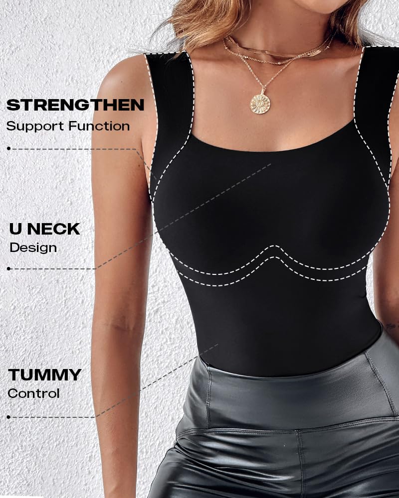 CHICME Womens U Neck Shapewear Built-in Bra Tank High Strechy Sleeveless Slim Fit Tops Camisole Workout Tops Black-