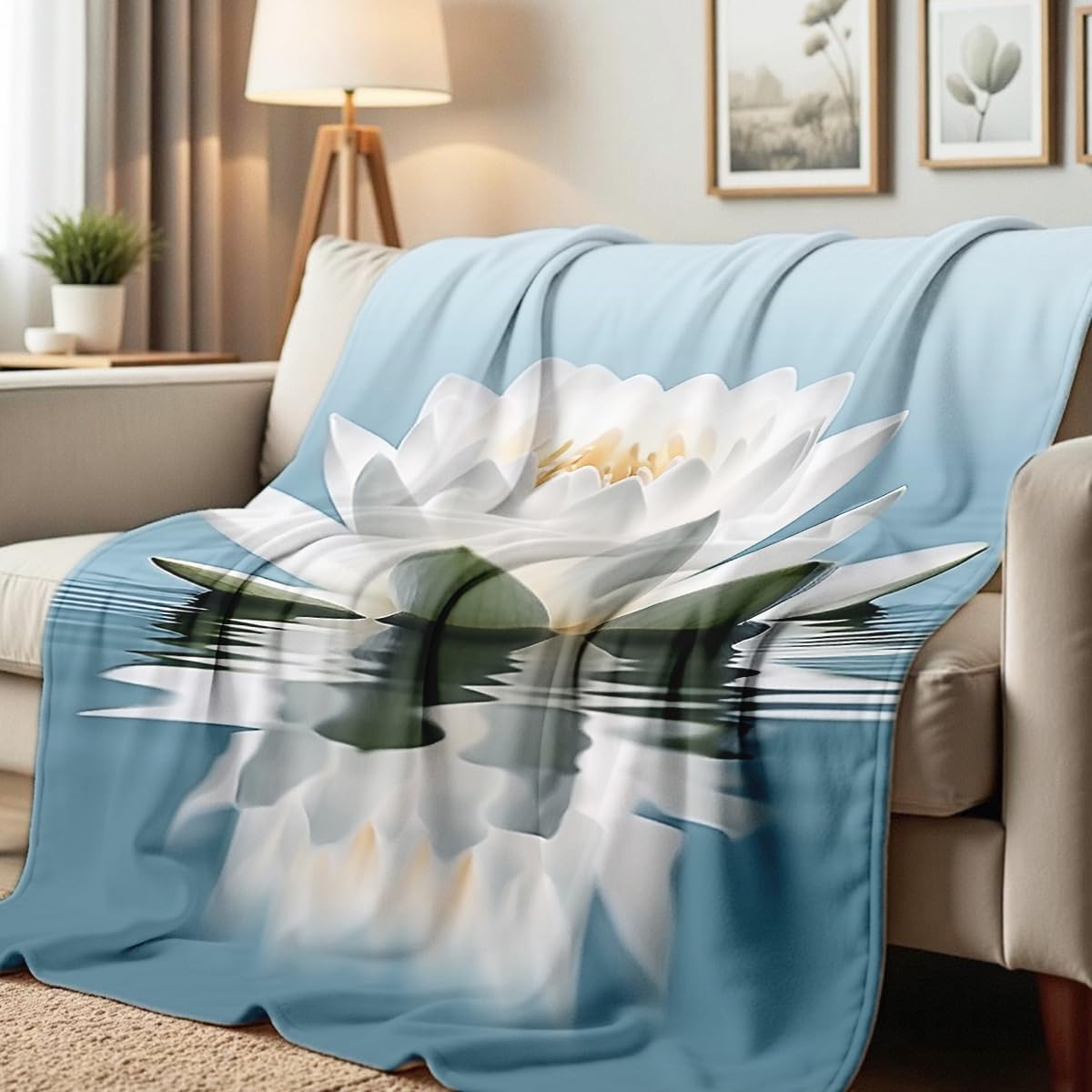 HUNXIAOJ Lotus Flower on Water Print Blanket White Floral Throw Blanket Zen Flannel Throw for Couch Bed Office Yoga Room Meditation Spa Decor Gifts (49"x59")