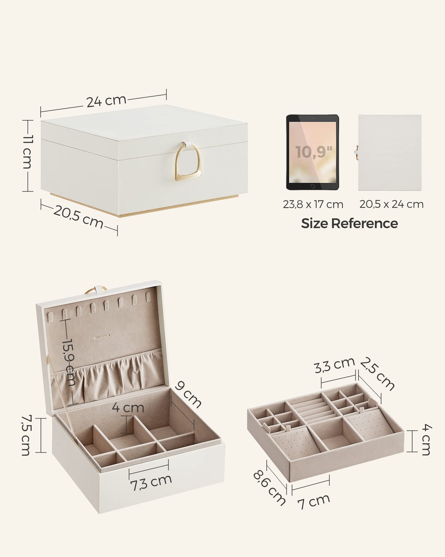 SONGMICS 2-Layer Jewellery Box, Jewellery Organiser with Handle, Removable Jewellery Tray, Jewellery Storage, Floating Effect, 20.5 x 24 x 11 cm, Gift Idea, White JBC165W01