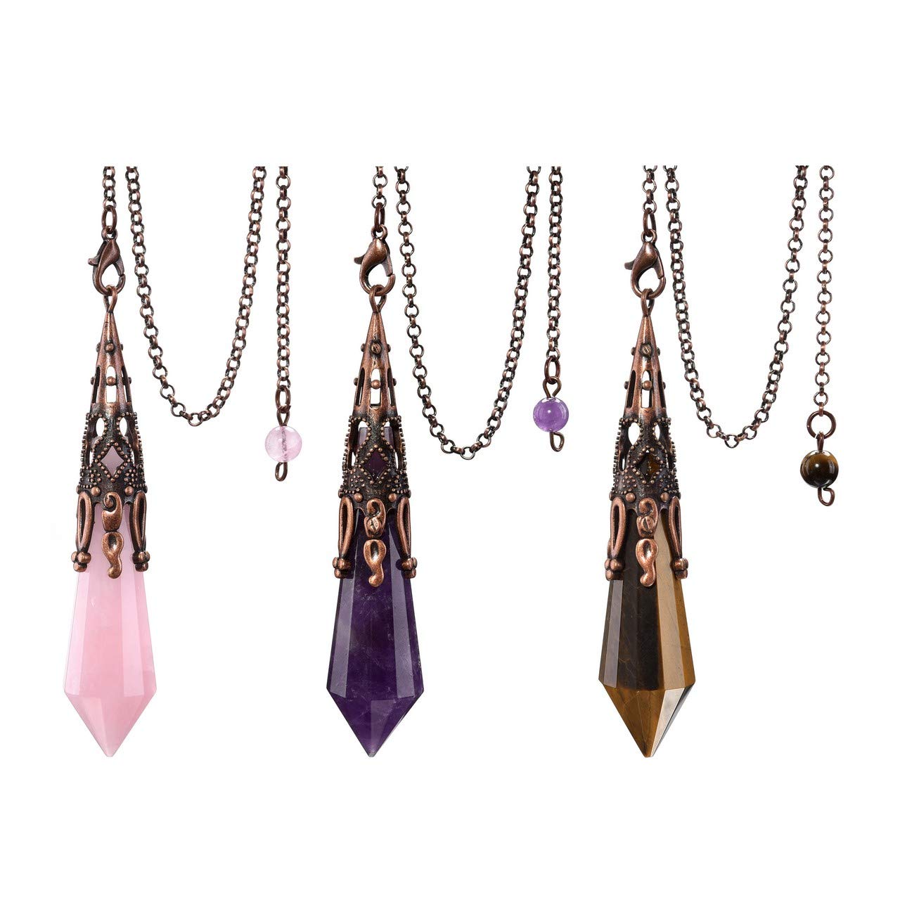 Jovivi 3pcs Natural Amethyst Rose Quartz Crystal 12 Facted Therapy Healing Dowsing Divination Pendulum Reiki Charged Chakra Balancing Pendant with Chain