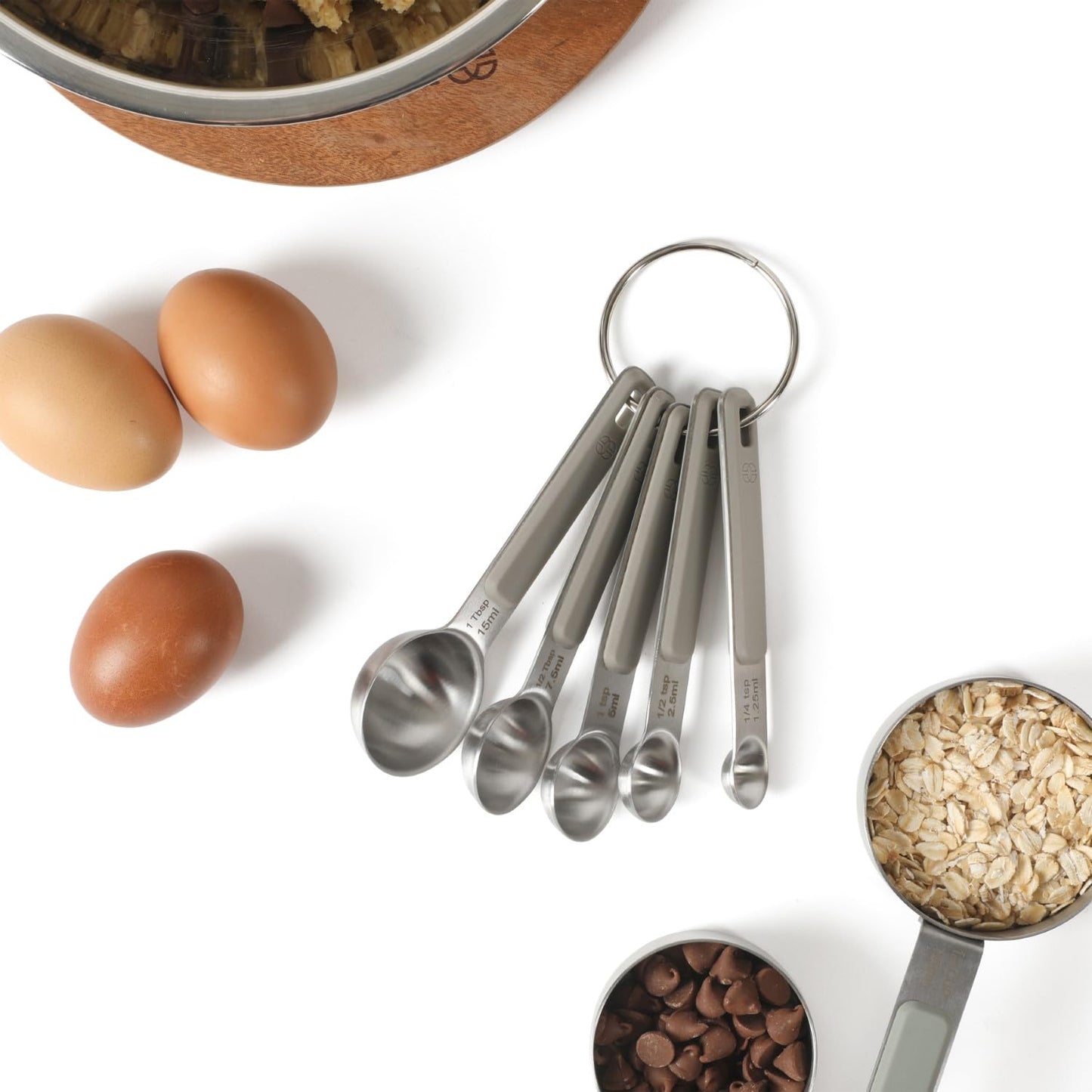 Calphalon Prime Measuring Spoons, 5-Piece Stainless Steel Measuring Spoon Set with Taupe Silicone Handles, Accurate Kitchen Measuring Tools for Spices, Baking & Small Portions