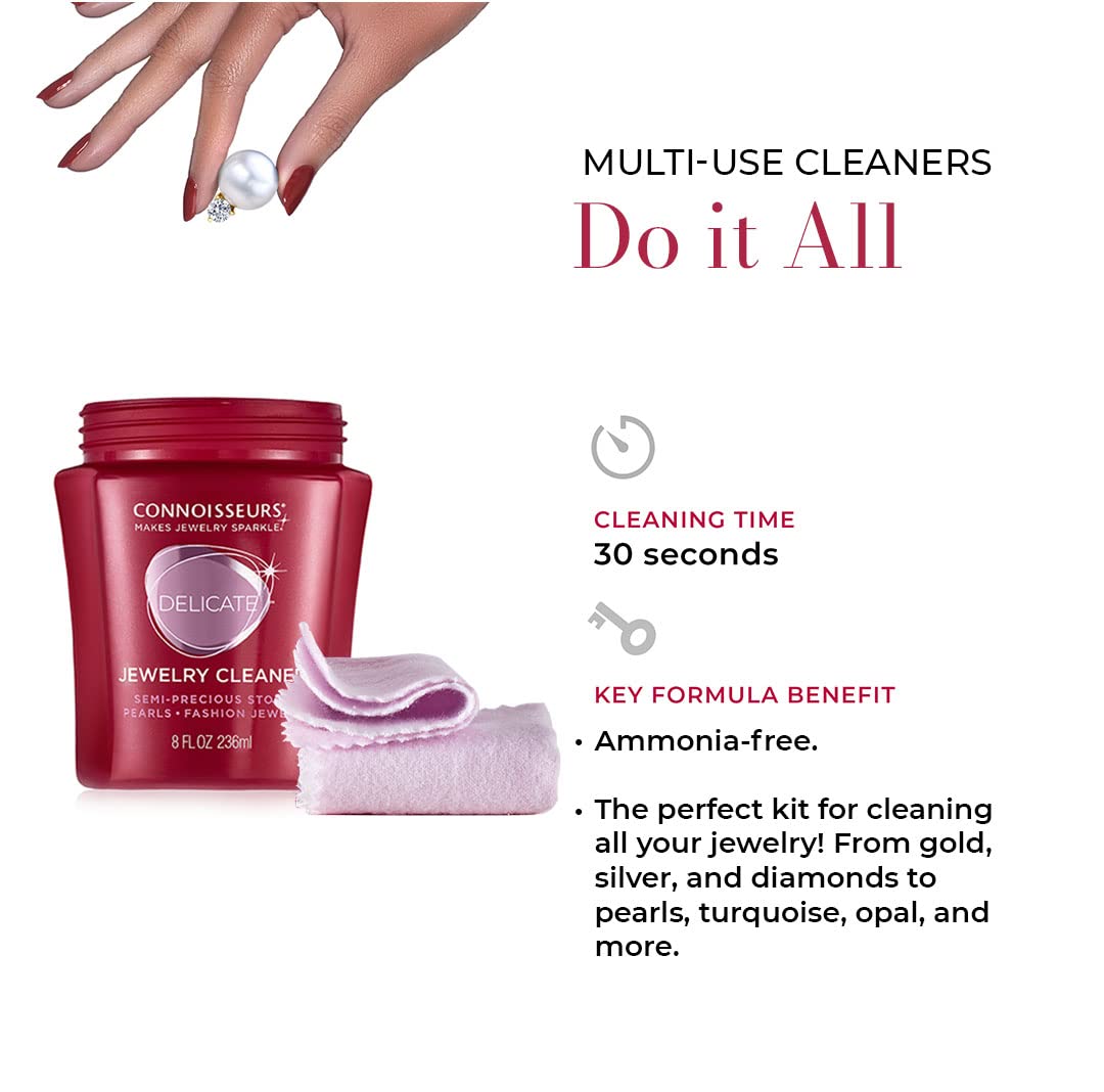 Connoisseurs All-Purpose Jewellery Cleaning Kit | Jewellery Cleaner with Gold & Silver Polishing Cloth | Silver Cleaning Cloth & Gold Polishing Cloth with Liquid Cleaning Solution for Precious Stones