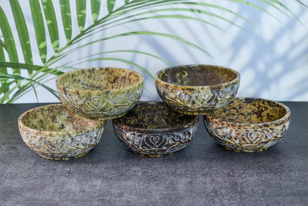 Ajuny Soapstone Natural Smudge Pot | Stone Bowl | Scrying And Smudge Bowl Handmade Leaf Carved Design Household Kitchen Table Decorative Gift 5 Inch