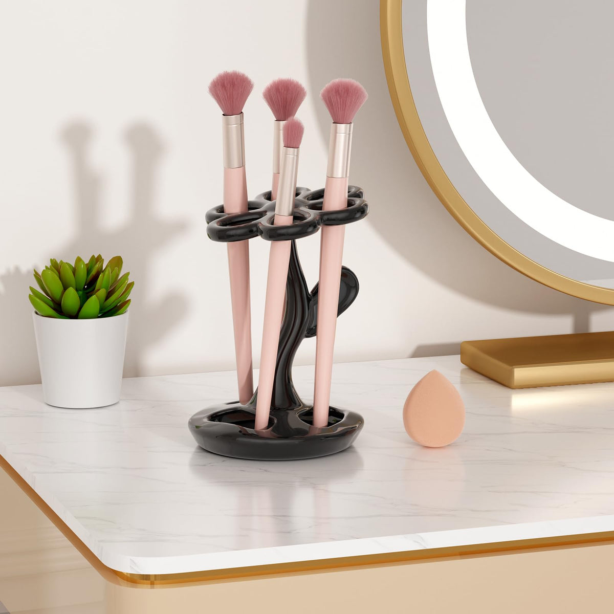 Ceramic Toothbrush Holder, Creative Flower-Shaped Toothbrush Stand for Bathroom, Multifunctional Storage for Toothbrushes & Makeup Brushes, Fits Handles < 0.47 Inches, 3 Colors (Black)