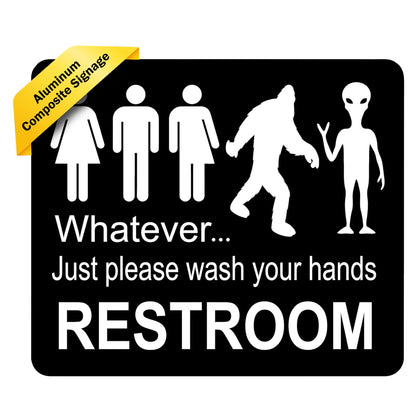 Just Please Wash Your Hands Bathroom Sign | Bigfoot Alien Funny Signs - Inclusive Decor - Door & Wall Restroom Signs - 8.5"x10"
