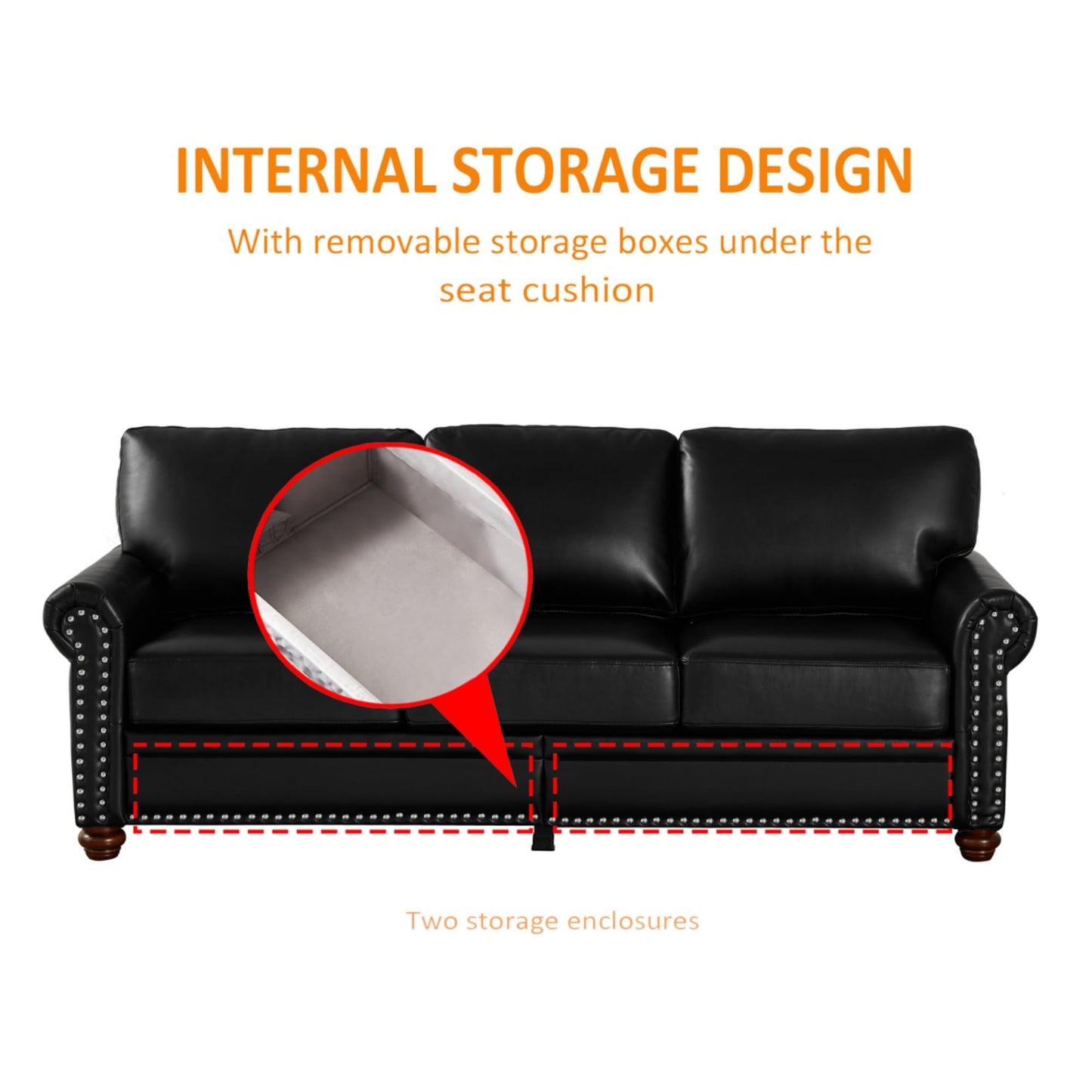 KEIKI Retro 82.68" Chesterfield Sofa, Upholstered Faux Leather PU Couch with Storage Space, Rolled Arm, Nailhead for Living Room Bedroom Office Apartment, Black