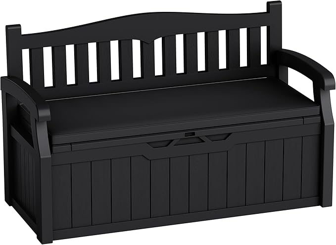 80-Gallon Outdoor Storage Bench with Cushion, Lockable Waterproof Deck Box with Armrests for Patio, Garden, Pool, Black