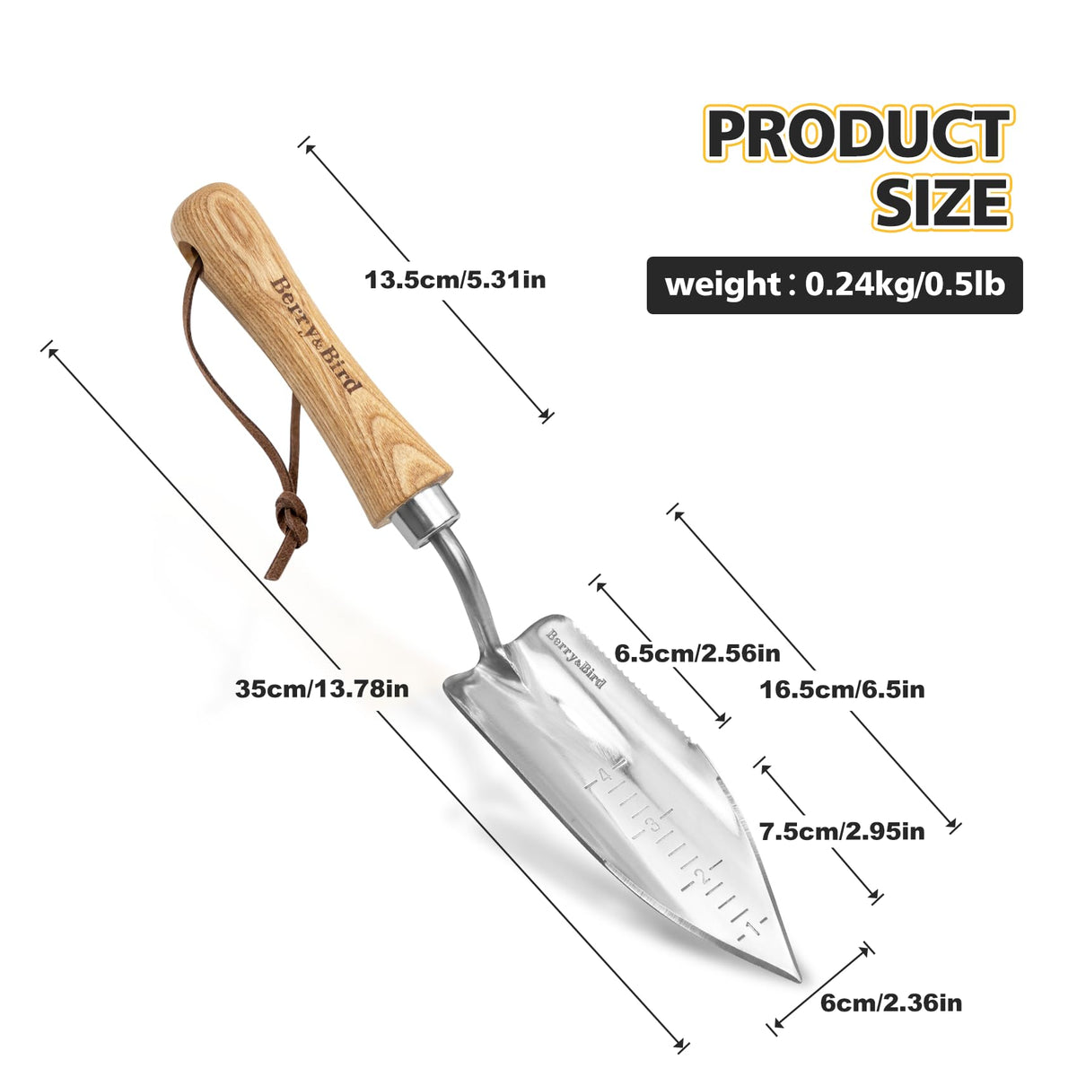 Berry&Bird Potting Trowel, Stainless Steel Serrated Hand Shovel, Wood Handle Garden Trowel Tool with Measuring Scale for Effortless Digging,Roots，Planting, Cutting and Transplanting