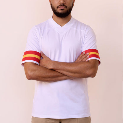 DEHANER American Blank Football Jersey Replica Mesh Halloween T-Shirts V-Neck Fashion Sports Pullover Red/Yellow Stripe-Black Jersey Size 2X-Large