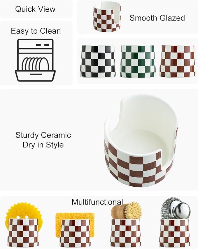 Checkered Sponge Holder for Kitchen Sink, Ceramic Dish Sponge Drying Caddy