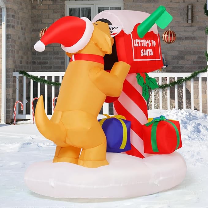 COMIN 5FT Christmas Inflatables Outdoor Decorations, Blow Up Dog and Newspaper Box Inflatable with Built-in LEDs for Christmas Indoor Outdoor Yard Lawn Garden Decorations