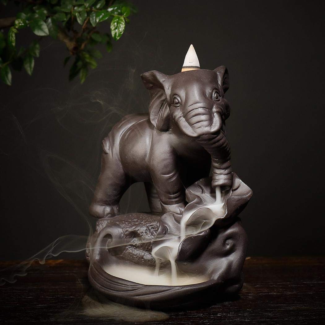 Backflow Incense Holder Burner Handmade Ceramic Incense Cones Sticks Holder Home Decor Waterfall Backflow Incense Burner Censer + 10 Backflow Incense Cones Gift (Elephant)