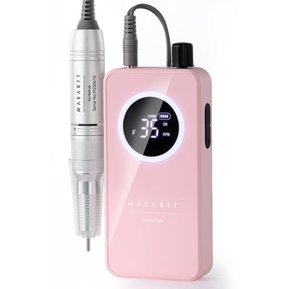 Makartt Nail Drill Professional: 60W 35000RPM Electric Nail File with Coreless Motor, 2 in 1 Desktop & Portable, Drill Bits and LCD Display for Acrylic Gel Nails, Nouvella Pink