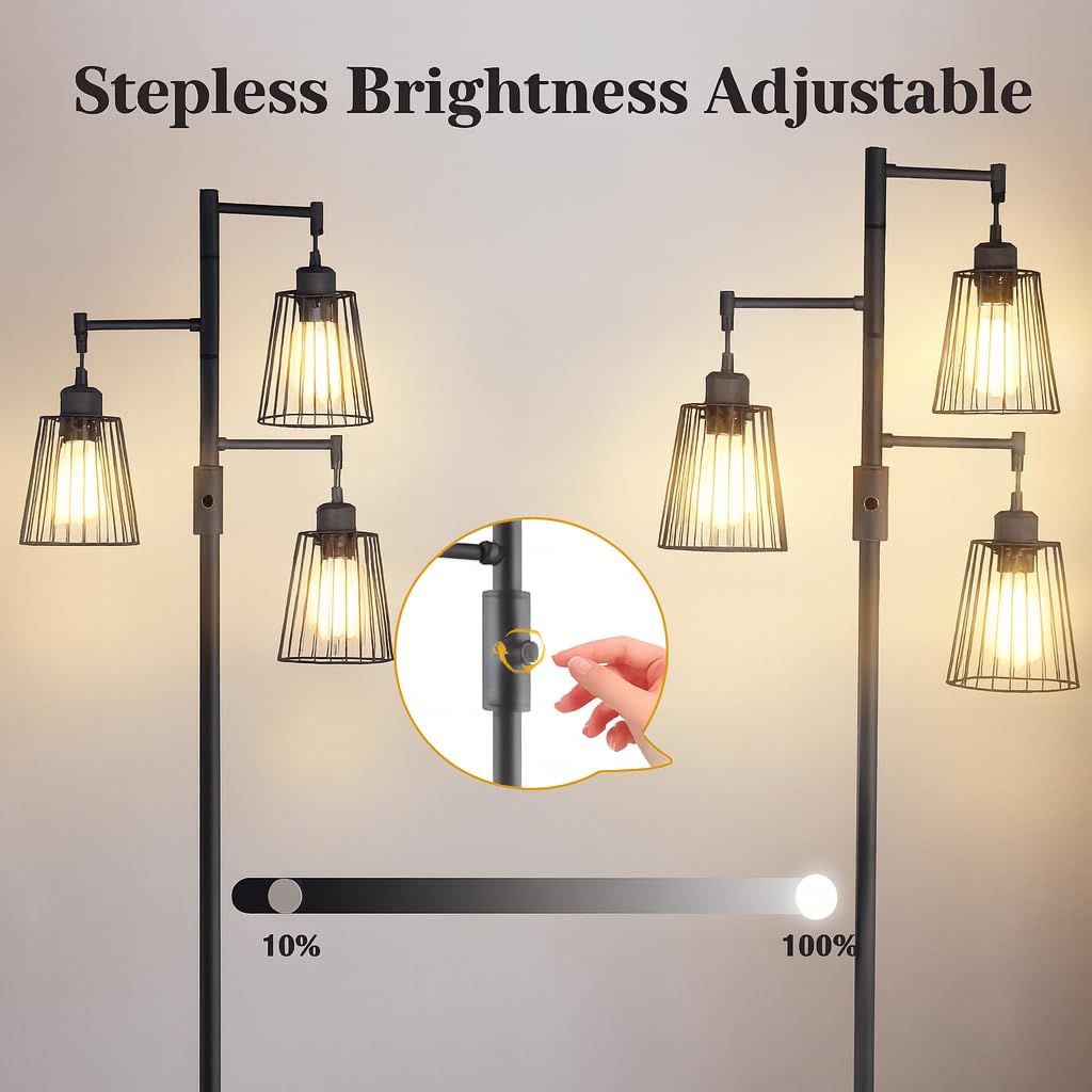PESRAE Dimmable Industrial Floor Lamp, Farmhouse Floor Lamp Standing Lamp with 3 Elegant Teardrop Cage Heads & Included 3 x 1200LM Edison LED Bulbs, Tall Lamp for Living Room, Bedroom (Matte Black)
