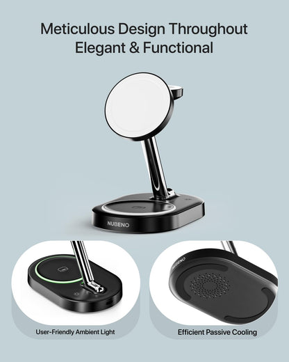 Nubeno Fast Charging Station for Magsafe Apple Devices, Wireless Charger Station for MagSafe iPhones, 3 in 1 Magnetic Charger Stand for iPhone 17/16/15/14/13/12, Apple Watch & AirPods(Blk)