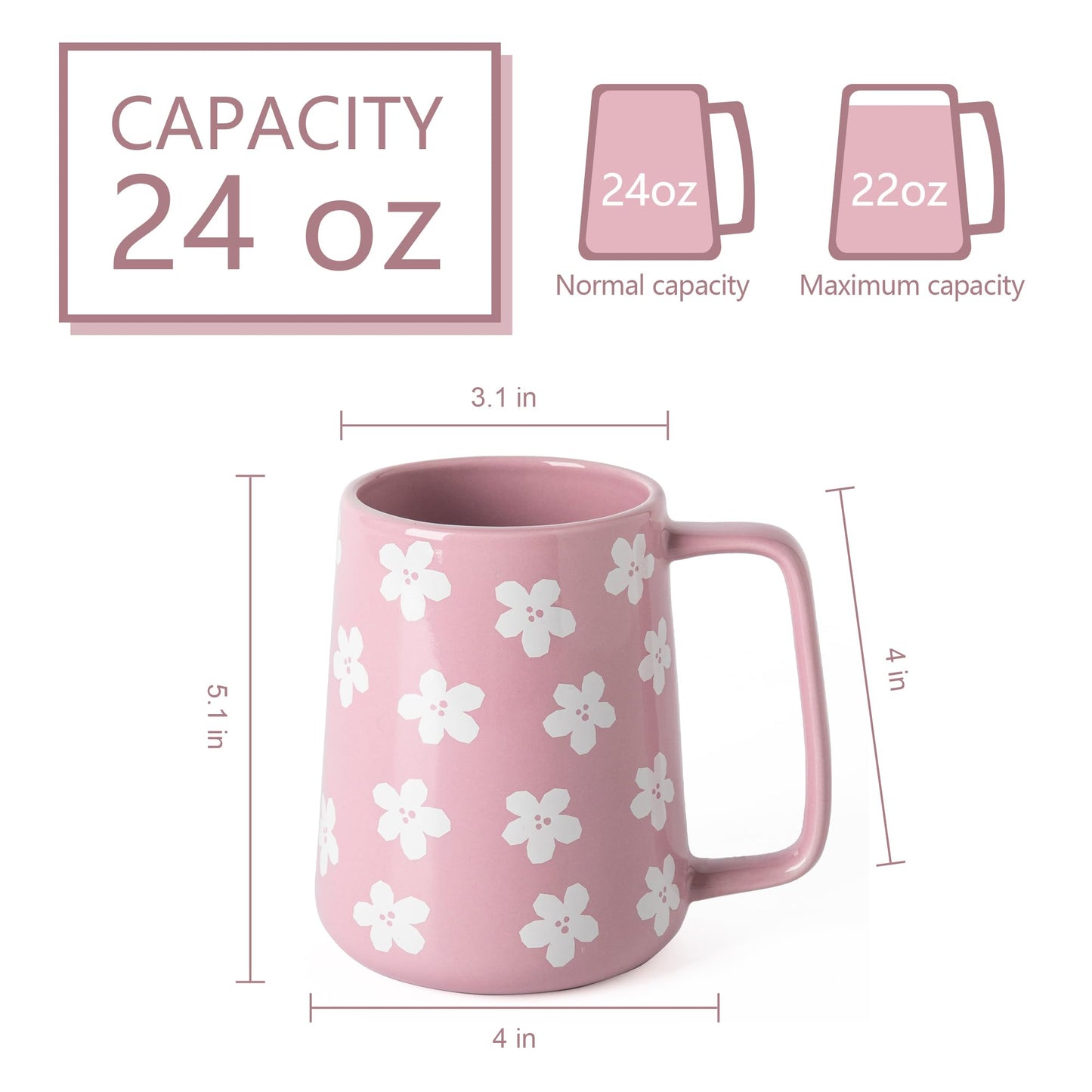 TaoTaojarvie Ceramic Coffee mugs, 24 oz, Extra Large Mugs, Big Tea Cups, Large Handle, Pottery Mugs,Floral Pattern,Wide Bottom Coffee Mug for Office/Home, Microwave&Dishwasher Safe. (Violet)