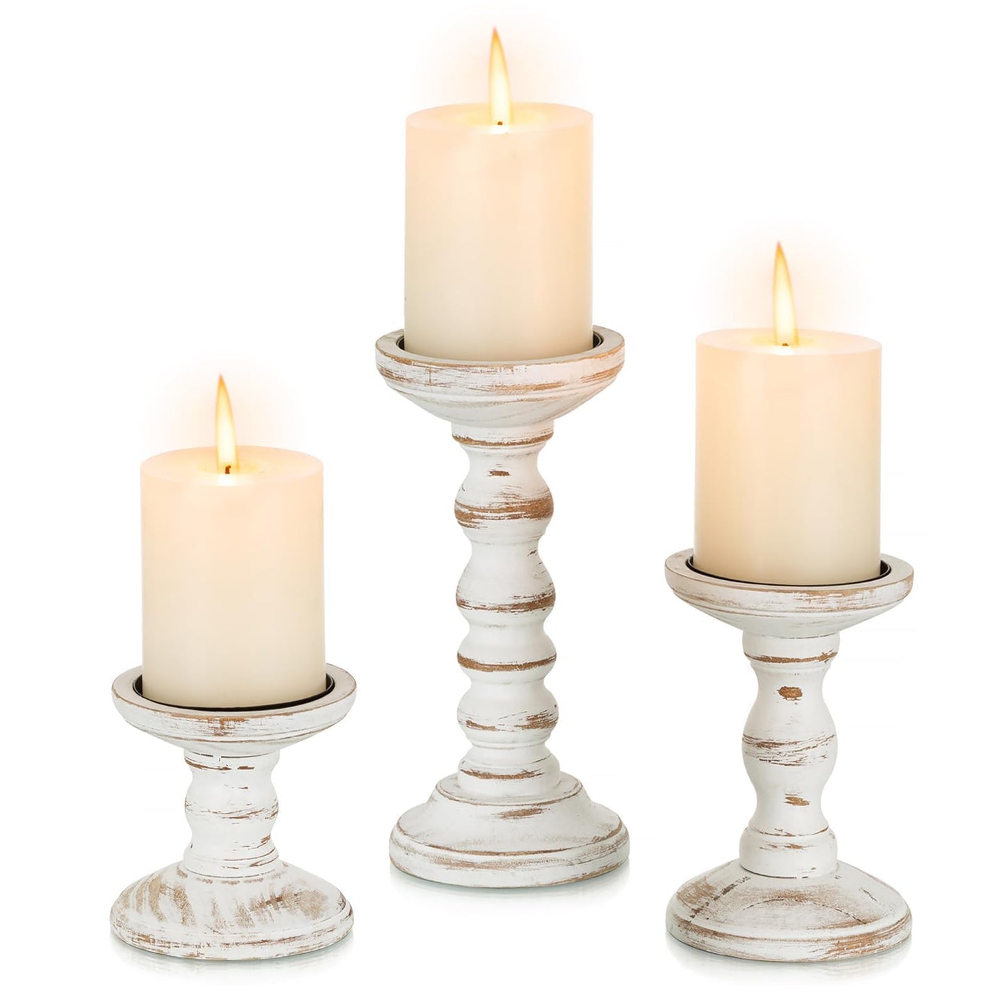 Romadedi Wood Candle Holders for Pillar Candles - Set of 3 Tall Farmhouse Wooden Candlestick Holder, Rustic Candle Stand for Fireplace Mantle Shelf Table Home Decor, Brown Whitewashed 3.9"/6"/ 8.3"