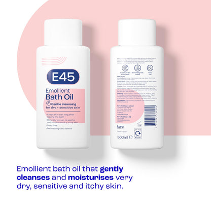 E45 Bath Oil 500 ml – E45 Bath Oil Emollient to Moisturise & Hydrate Dry Skin – Gently Cleanses for Soft Skin – Soap Free & Perfume Free Emollient Bath & Shower Oil Body Wash - Dermatologically Tested