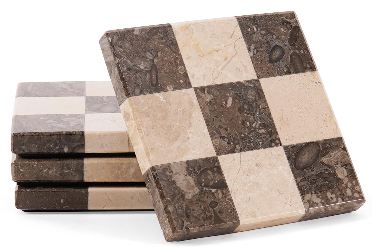 EarthenTones Marble Coasters Set of 4, Oceanic & Verona Handmade 4 inch Square Stone Coaster, Decorative Checkered Cup Coaster for Coffee Table, Housewarming Gift & Luxury Kitchen Accessories
