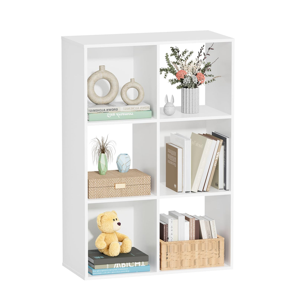 Nestwise 6 Cube Storage Organizer, Open Bookshelf Storage Cubes Shelf with Back Panel, Wooden Display Shelf Bookcase Standing Shelves for Living Room, Bedroom, Home Office (White, 6-Cube)