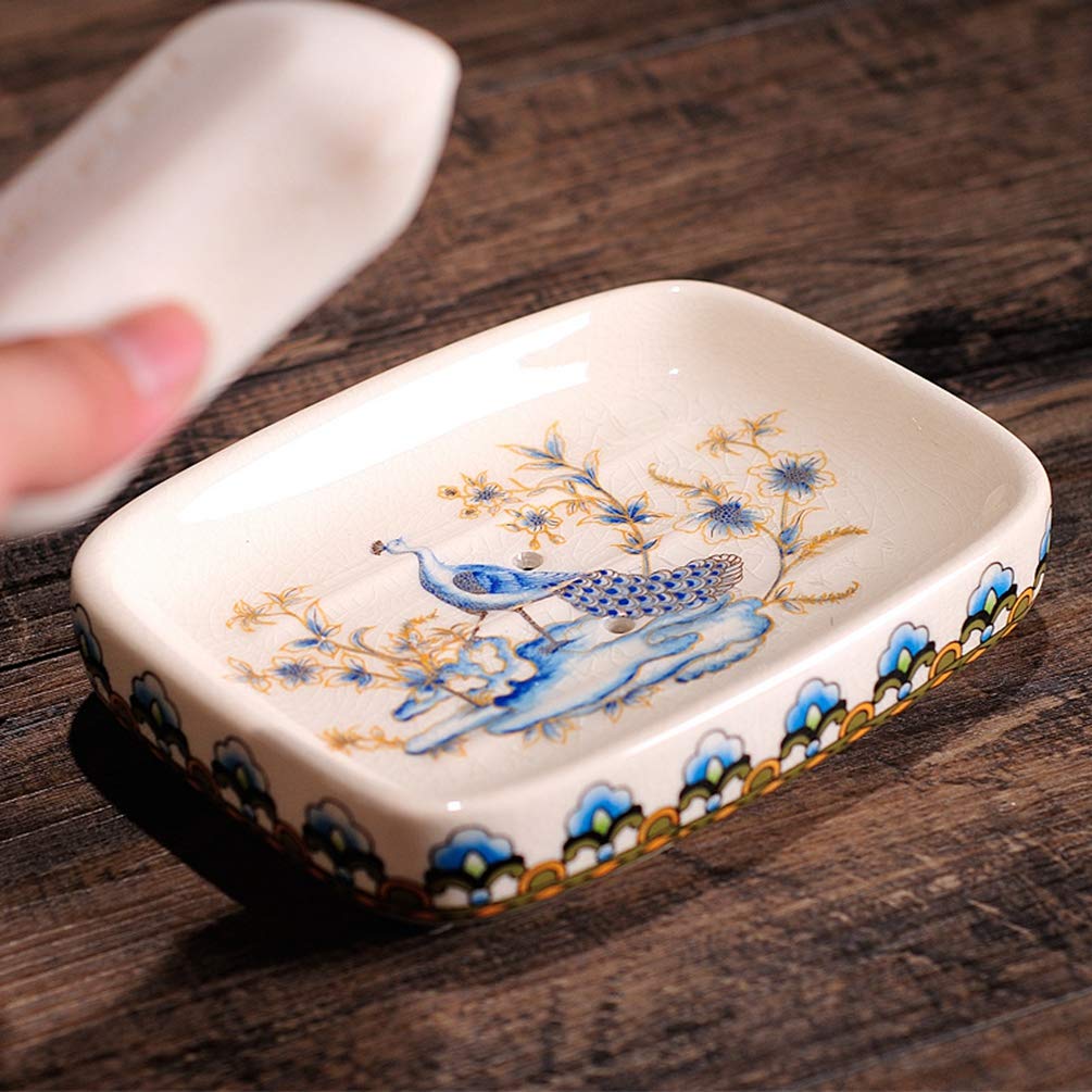 Kelake Ceramic Soap Dish Creative Ice Crack Ceramic Peacock and Flower Pattern Soap Dish Holder for Bathroom and Shower Soap Tray Box with Drain Gift for Mum Family