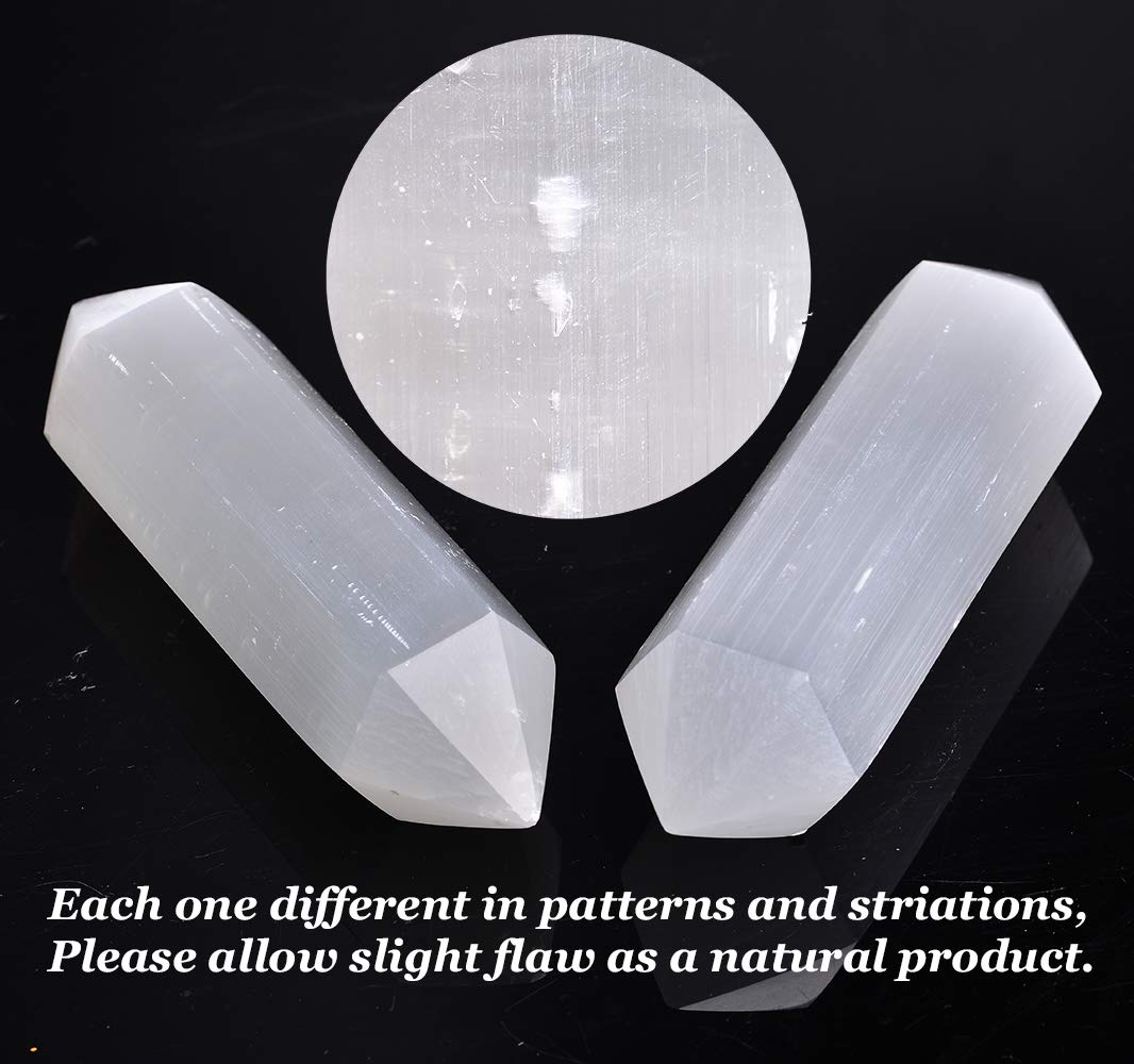 AMOYSTONE Selenite Crystal Wand Double Termated Crystal Point 6 Sides Selenite Wands Large 6" 1 PC