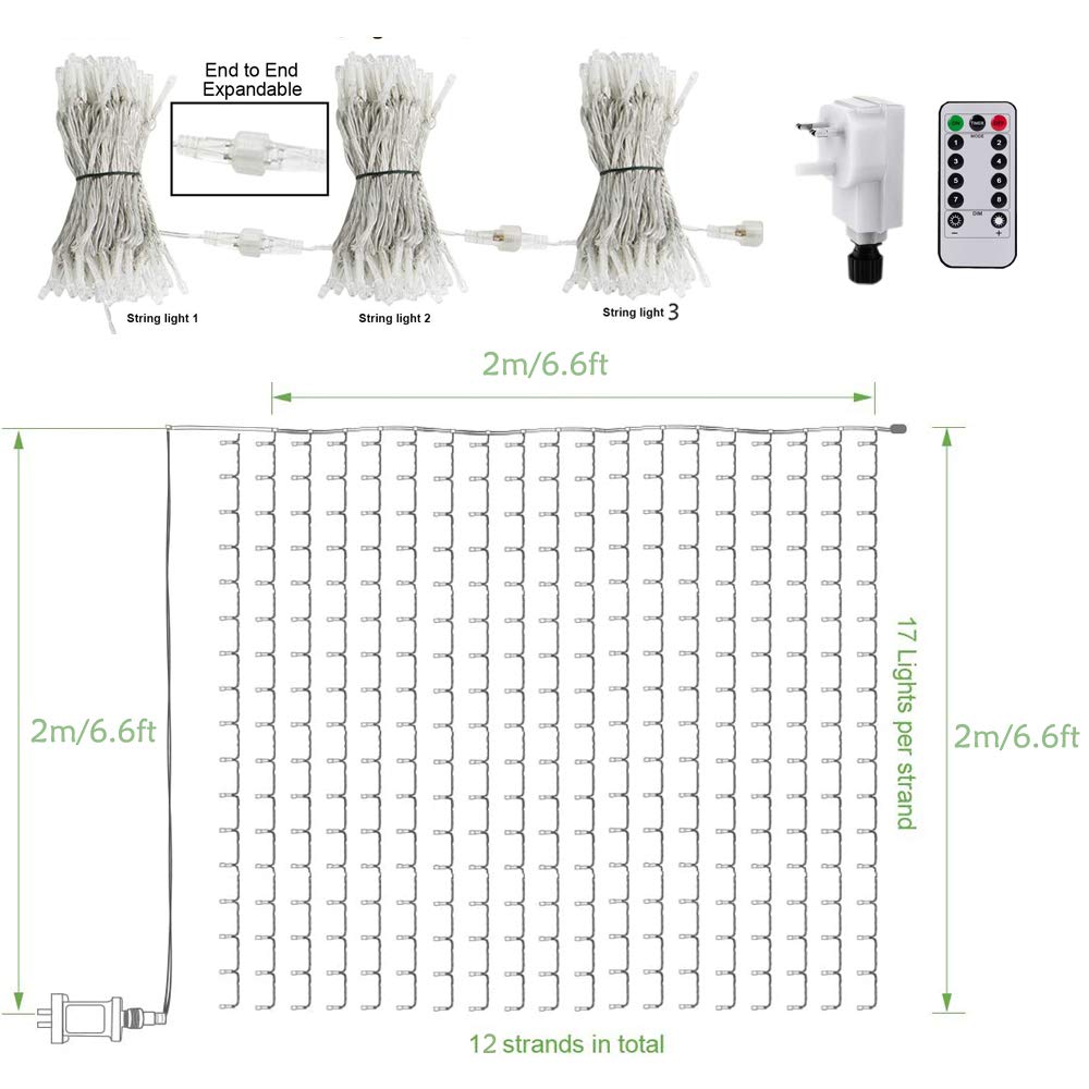 2MX2M Curtain Lights Mains Powered, Window Curtain Light Backdrop Indoor Fairy Lights Plug in for Room, Linkable,204 LED,Remote,Waterproof for Wall Gazebo Xmas(Warm White)