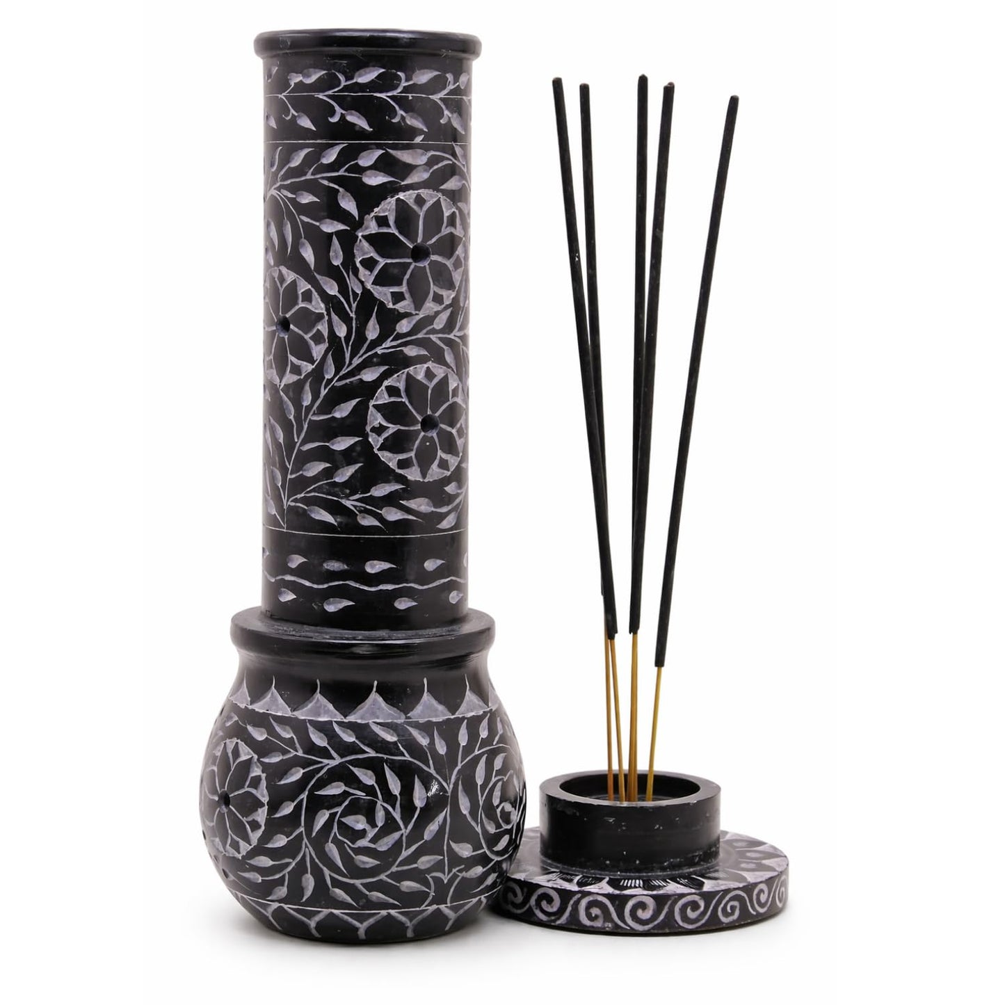 KC KULLICRAFT Hand Carved Marble Soapstone Incense Stick Holder – Black Incense Burner with Ash Catcher Base, Tea Light & Camphor Holder, Decorative Home & Puja Decor (3 x 3 x 10 Inch).