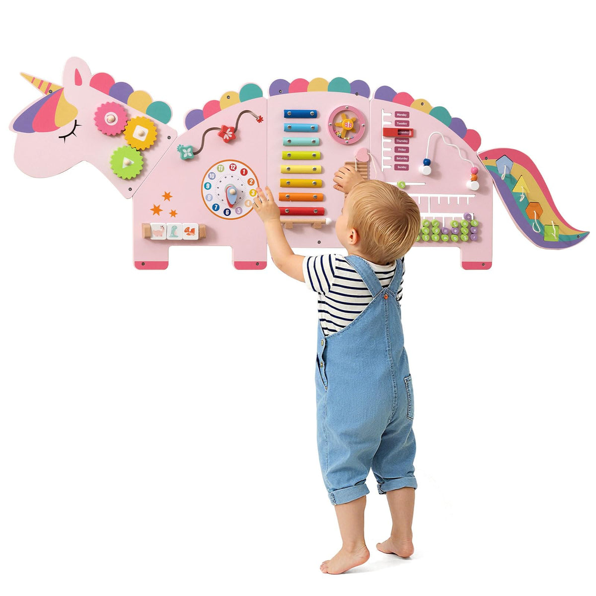Costzon Activity Wall Busy Board, 11-in-1 Montessori Wooden Sensory Board Panels for Kids 3+, Wall-Mounted Toddler Learning Activity Center for Playroom, Daycare, Nursery, Classroom (Pink)