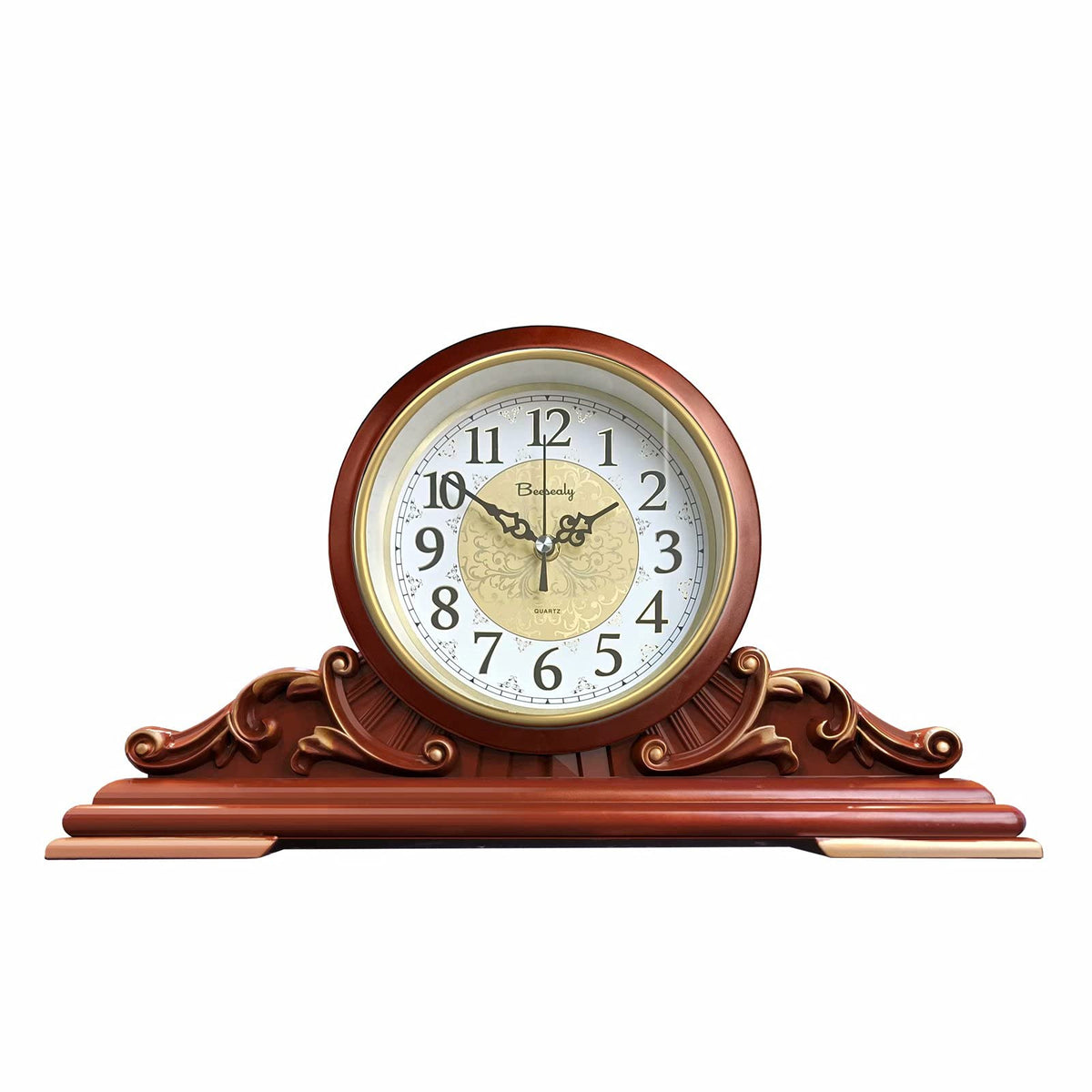 Beesealy Mantel Clock, Antique Desk Clock, Modern Quartz Movement-Continuous Scanning (Ultra-Quiet), Suitable for Mantel/Desktop, Living Room Decoration (Brown)