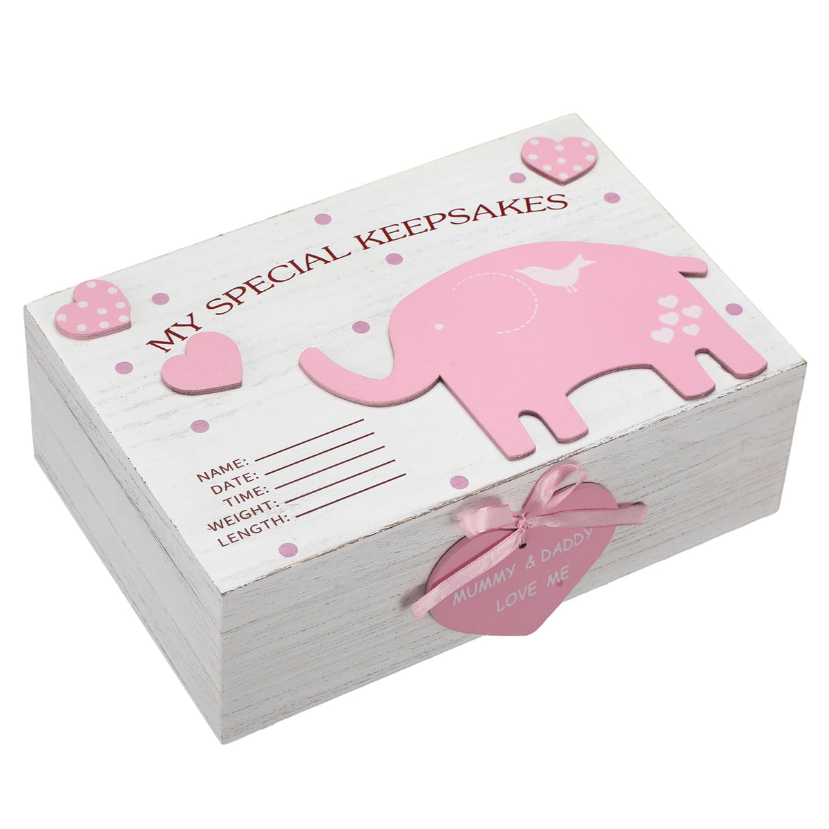 Soaoo 3D Wooden Baby Boys Memories Keepsake Box Baby Girls Elephant First Keepsake Box New Parent Newborn Baptismal Birthday Gift for Mementos 11.81'' x 7.87'' x 3.94''(Pink)