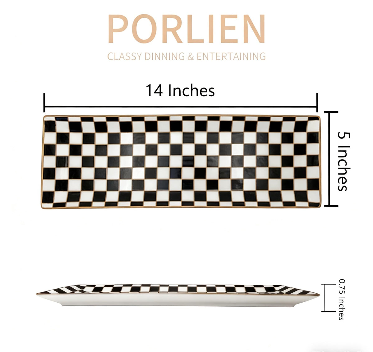 Porlien 14-inch Checker Black and White Rectangle Serving Platters Set of 3 for Party, Wedding and Entertaining, Rectangular Serving Plates, Serving Tray for Dinner, Appetizers and Desserts