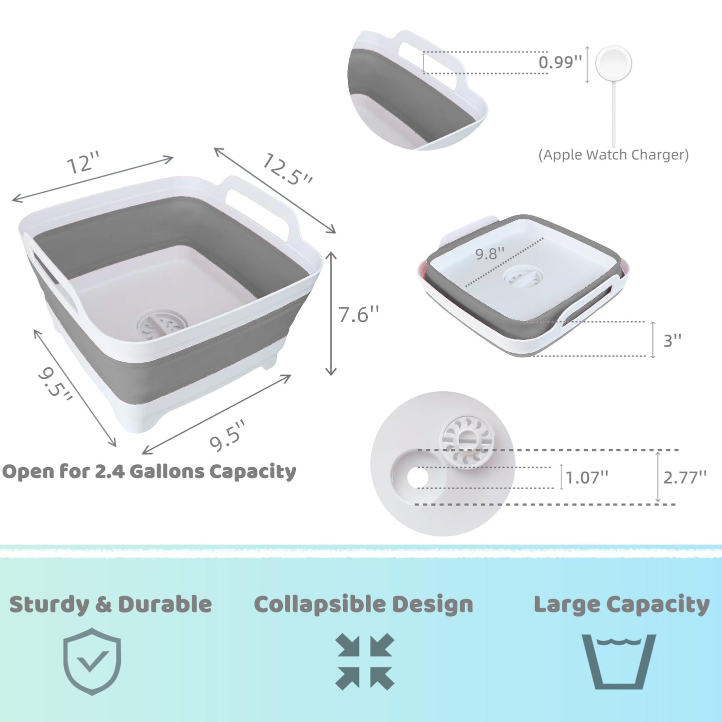 GIMWA Collapsible Wash Basin for Baby Bottles - 2.4 Gallons Portable Wash Bin for RV Camping Sink, Space-Saving Dish Tub (Gray)