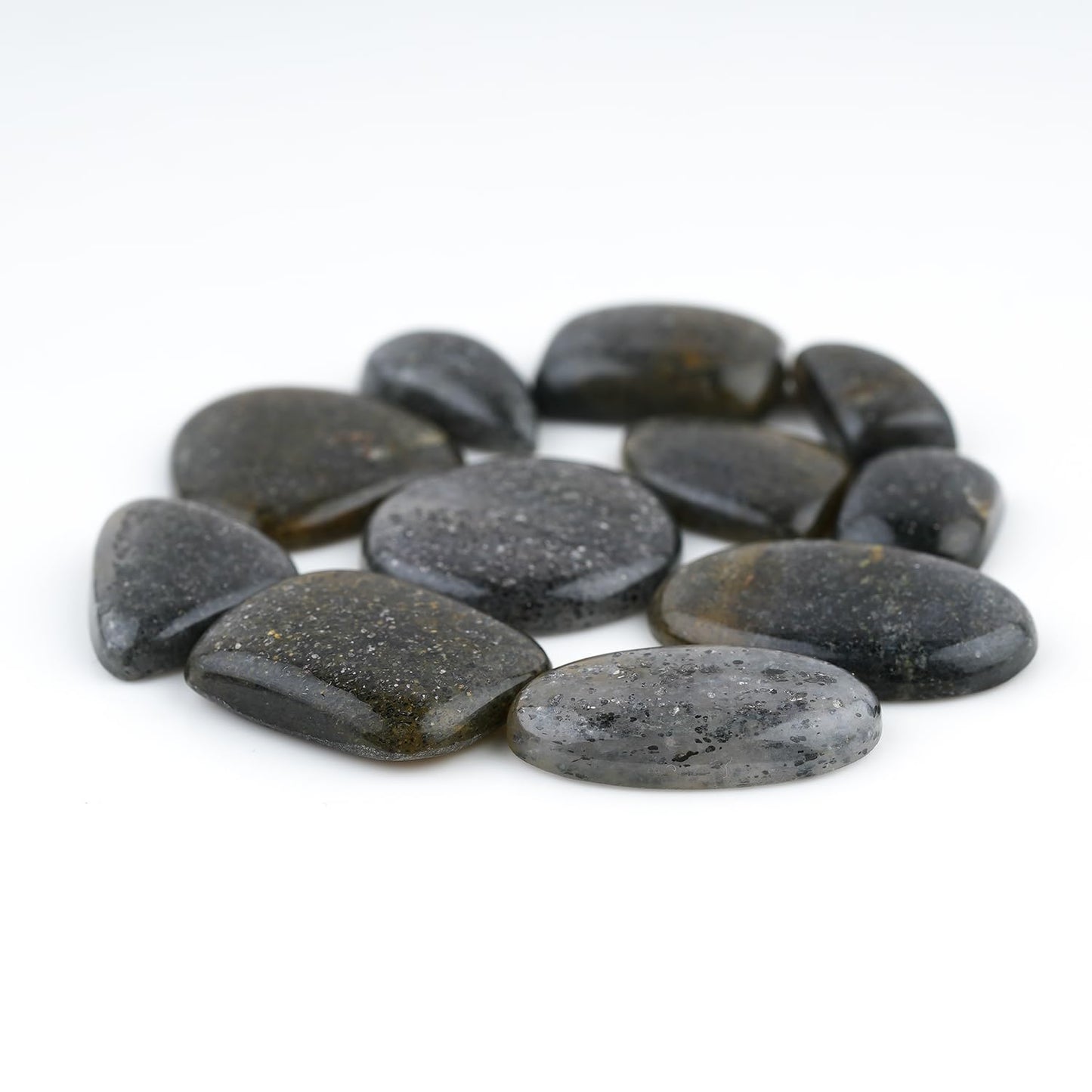 GemSymphony 50 Carat Natural Black Sunstone Gemstone Cabochon Lot Mixed Shapes – 3 pcs Hand Polished Crystal Stones for Jewelry Making Supply, Healing, Reiki, Craft Supplies, Unique Cab Set for Wire Wrapping & Collectors (15-20 mm)