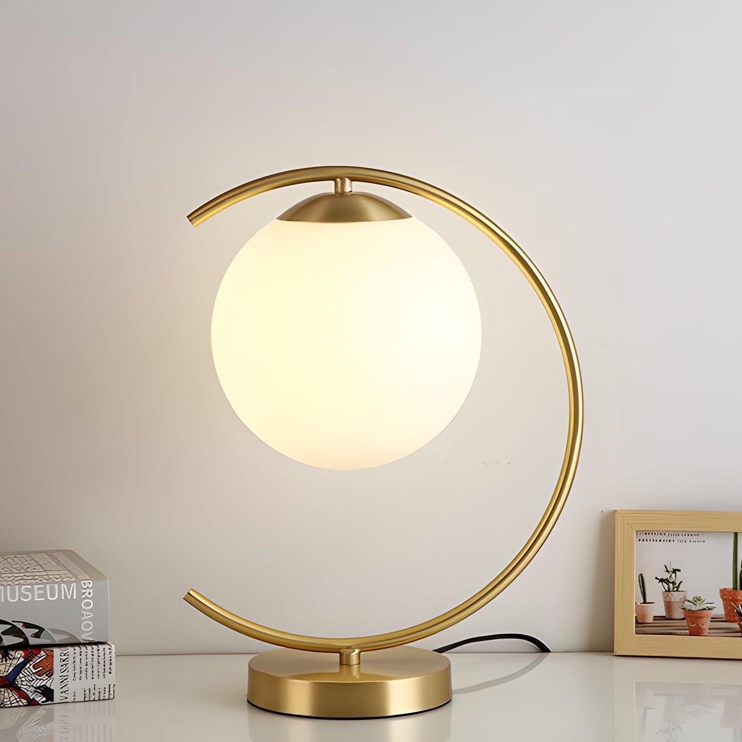 KCO Lighting Mid-Century Bedside Table Lamp Modern Glass Ball Desk Lamp Gold Reading Lamp Moon Shape Metal Table Light for Bedroom Living Room Office
