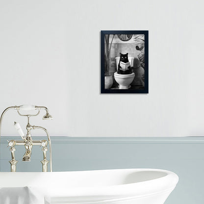 Black and White Bathroom Wall Decor Funny Black Cat Sitting on Toilet Reading Newspaper Humorous Bathroom Wall Art Small Framed Animal Canvas Print Artwork