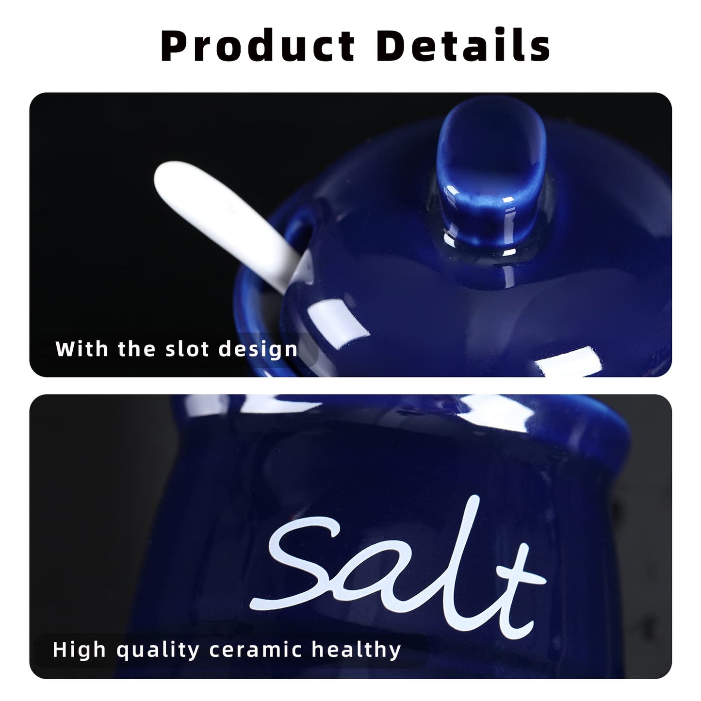 ONTUBE Ceramic Salt Bowl with Lid and Spoon 12oz White (Navy)