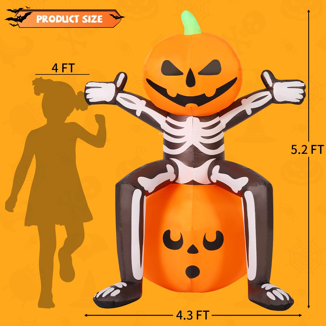COMIN Halloween Inflatables 5FT Skull Skeleton Pumpkin Head with Built-in LEDs Blow Up Yard Decoration for Holiday Party Indoor, Outdoor, Yard, Garden, Lawn