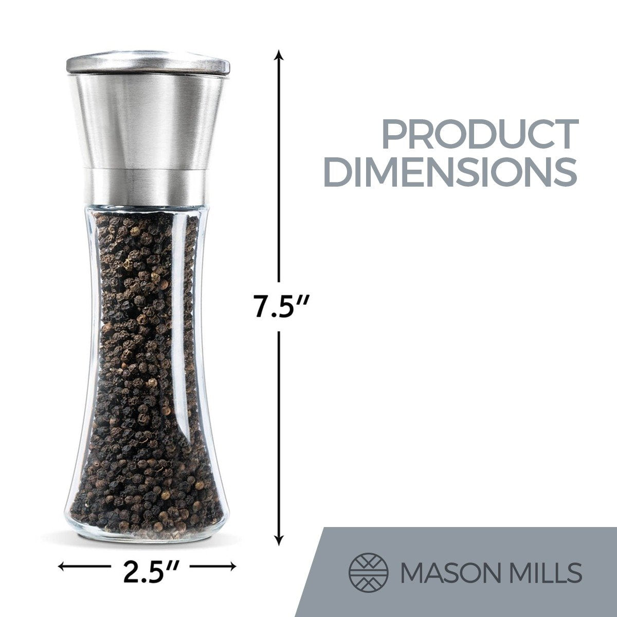 Prefilled Stainless Steel Salt and Pepper Grinder Two Piece Set - Includes Himalayan Salt and Quality Black Pepper - Glass and Stainless Steel Mill - Large Capacity Shakers - Top Loading By Mason Mil