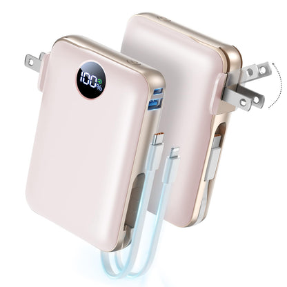 Sucrosey Portable Charger with Built-in Cables & Wall Plug, 10000mAh Power Bank, 4 Outputs 22.5W USB C Fast Charging, Slim Travel Battery Pack with LED Display for iPhone 17/16/15/14, Rosegold