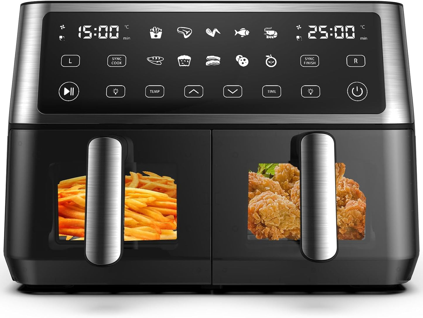 10L Dual Air Fryer, 2 Nonstick Drawers with Visible Window,10-In-1 Cooking Presets, Sync Cook & Finish, Smart Touch Screen, 1-24H Timer Function, Uses No Oil& Max Crisp, 50℃ to 200℃, Dishwasher Safe